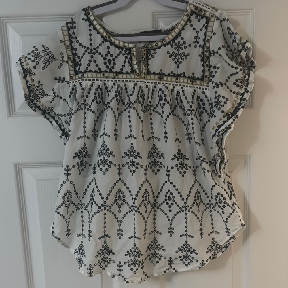 J. Crew White Blouse with Black Geometric Embroidery